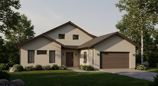 Modern Suburban House with Garage and Landscaped Garden