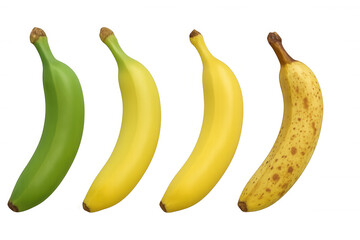 Banana ripening stages, from unripe green to fully ripe yellow and overripe with brown spots, isolated on transparent background