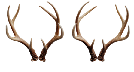 Two symmetrical sets of deer antlers, light beige/tan color, with detailed branching patterns, against a black background