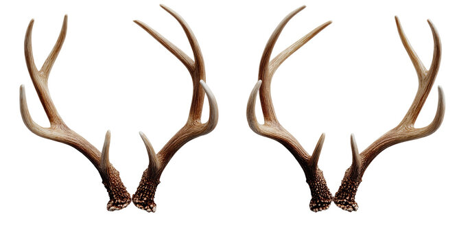 Two symmetrical sets of deer antlers, light beige/tan color, with detailed branching patterns, against a black background
