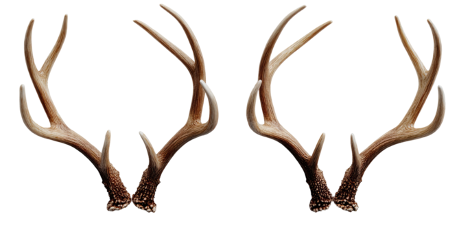 Two symmetrical sets of deer antlers, light beige/tan color, with detailed branching patterns, against a black background