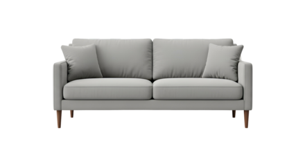 Gray couch with pillows on a black background, front view