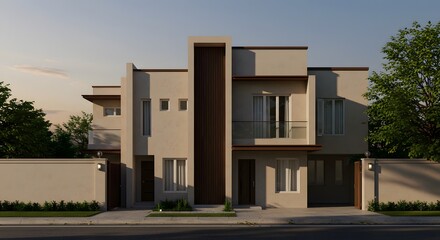 Obraz premium Modern Twin House Facade with Clean Lines and Neutral Tones at Dusk