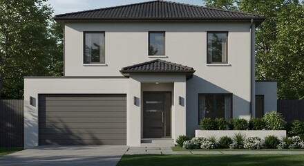 Fototapeta premium Modern Two-Story House with Garage and Landscaped Garden