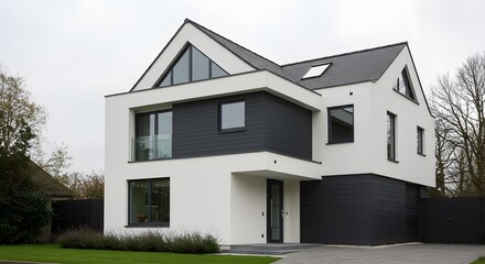 Modern White and Dark Gray House Exterior with Triangular Window and Glass Balcony