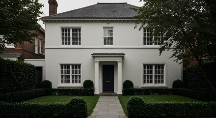 Modern White Brick House Facade with Manicured Garden and Pathway