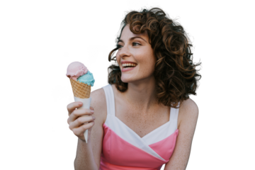 Woman holding ice cream cone isolated on transparent background