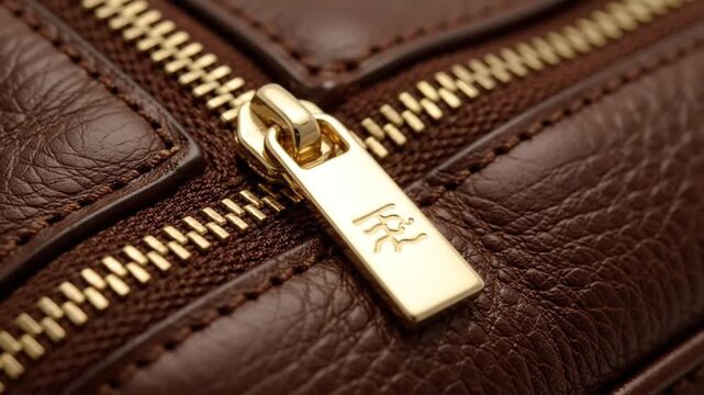 Close-up of a stylish brown leather bag with a gleaming gold zipper and detailed texture