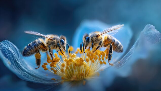 Two bees on a pale blue flower