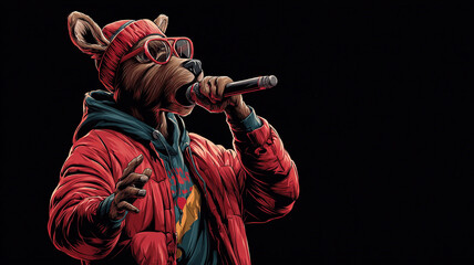 Cool bear wearing sunglasses and beanie passionately raps into microphone, dressed in red jacket and hoodie against dark background