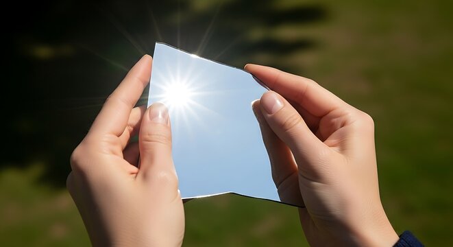 Hands Holding Mirror Reflecting Sun, Sky, and Nature's Brightness.