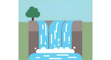 Stylized waterfall cascades from a brown ledge, tree to side