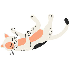 Charming Calico Cat Lying on its Back with Eyes Closed in a Playful Pose on a Transparent Background