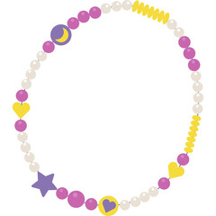 Charming Beaded Necklace Featuring Purple Star Yellow Moon and Heart Charms with White Pearl Beads Isolated on a Transparent Background