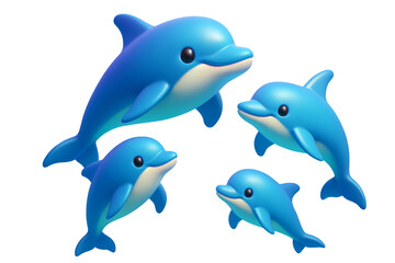 Fototapeta premium Group of adorable blue cartoon dolphins, smooth 3D-style look, isolated on white background, concept of marine animals and playful design. Ai generative