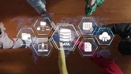 Hands surround a world map displaying digital icons that represent data management, showcasing collaboration, technology, and cloud storage in a modern business environment. Raster - Powered by Adobe