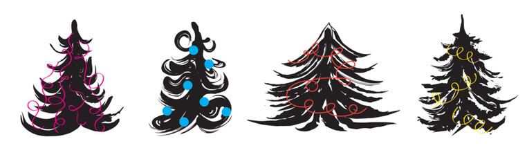 Abstract Christmas trees set. Christmas trees with grange dotted texture and doodles. Modern retro grunge mixed media vector ...