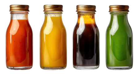 Four small glass bottles of colorful juices or smoothies.  Each bottle has a gold-colored cap