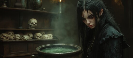 A Young Witch At A Magical Cauldron With A Potion. Illustration On The Topics Of History, Witchcraft, Cartoons, And Lifestyle.