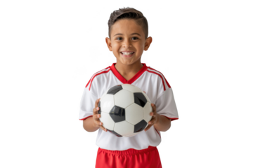 Smiling boy holding a soccer ball isolated on transparent background