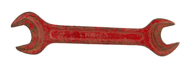 A mechanic's metal key on a white background