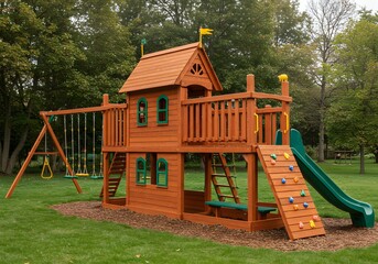 Outdoor Wooden Playground Set with Swing Set and Slide in a Green Backyard