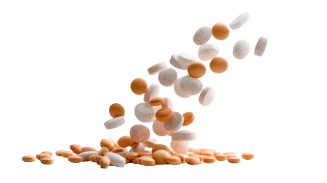 Pills falling down with scattered capsules and tablets showing medical healthcare concept and pharmaceutical objects isolated on white background