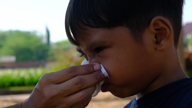 Asian mother cares for her sick son and helps him blow and wipe his nose. The child has a runny nose caused by allergies, a cold, or the flu, and needs comfort and attention at park