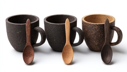 Three textured mugs and matching spoons against white