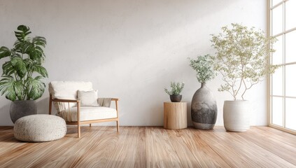 Modern minimalist interior scene with plants