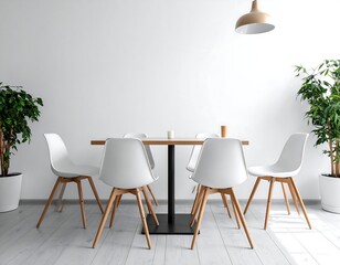 Minimalist dining area with white chairs and plants