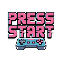 Press start lettering, pink bold type, controller icon, modern gaming poster, arcade nostalgia theme, youth culture vector