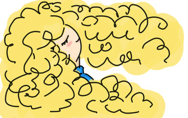 Cute doodle illustration of a girl with long curly blonde hair, closed eyes, and a peaceful expression, wearing a blue shirt in cartoon style.