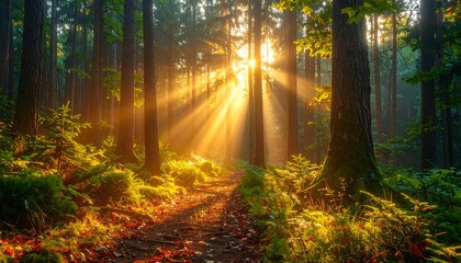 Obraz premium Sunbeams illuminate a tranquil forest path, creating a golden glow