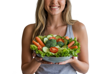 Woman holding a fresh salad isolated on transparent background