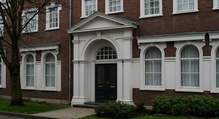 Obraz premium Traditional Brick Building Facade with Arched Windows and Grand Entrance