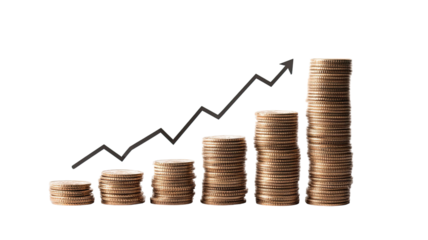 Coins stacks with upward arrows showing financial growth success concept and increasing profit trend isolated on white background