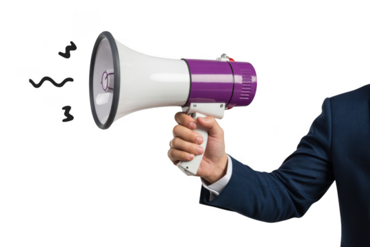 Man in suit holding a megaphone isolated on transparent background - Powered by Adobe