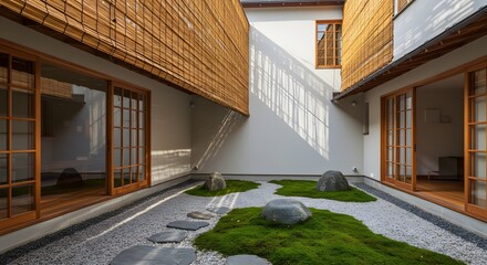 Tranquil Japanese Courtyard with Zen Garden Elements and Bamboo Blinds