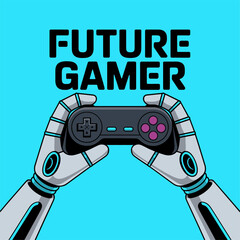 Future gamer concept, robotic hands holding controller, blue background, next generation esports, technology youth culture, vector illustration