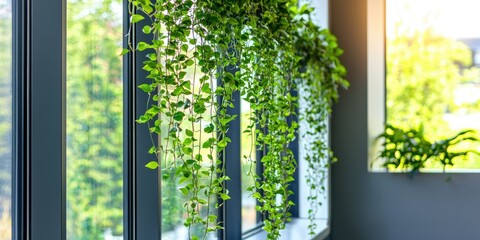 A hanging plant with green leaves and white flowers, hanging from a window sill in a modern office setting.