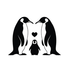 Black silhouette of two adult penguins and a chick with a heart