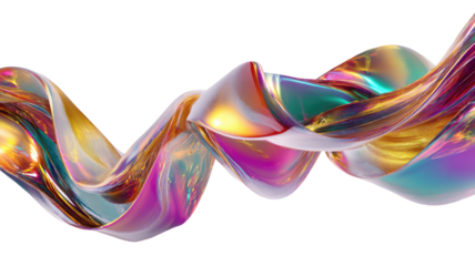 Abstract swirling lines with vibrant metallic rainbow gradient creating colorful flowing motion and dynamic pattern isolated on white background