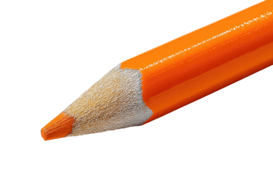 Close-up of an orange pencil's worn tip, showing a light-colored, frayed graphite lead