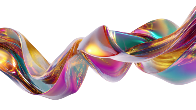 Abstract swirling lines with vibrant metallic rainbow gradient creating colorful flowing motion and dynamic pattern isolated on white background