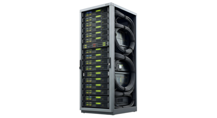 Server rack with multiple stacked units and bundled cables