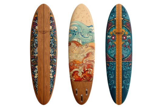Three stylized surfboards, each with a unique, ornate design.  The boards showcase intricate patterns and artistic depictions of waves.  Wooden grain and color variations create visual interest