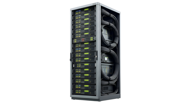 Server rack with multiple stacked units and bundled cables