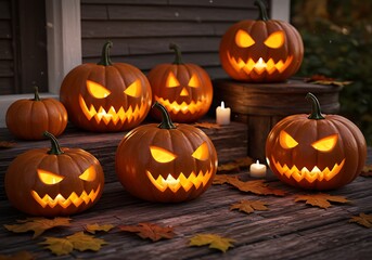 A collection of glowing jack-o'-lanterns with spooky carved faces arranged on a rustic wooden porch with autumn leaves and candles, creating a festive Halloween scene.