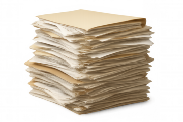 Stack of old documents with frayed edges, representing bureaucracy, archive, important paperwork on a transparent background